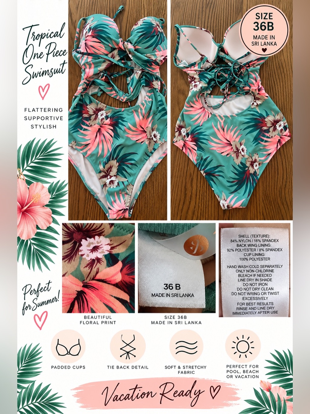 Shade & Shore Teal One-Piece Swimsuit with Pink Floral Print 36B